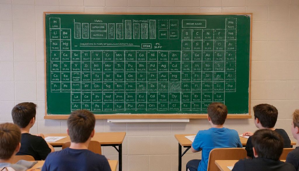 pizarra en clase con tabla periódica dibujada